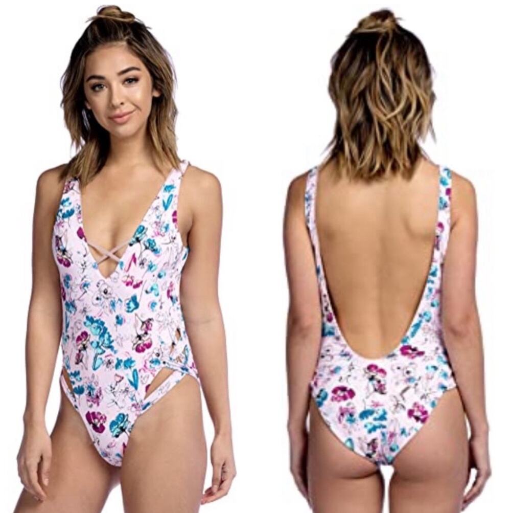 THE BIKINI LAB Swimsuit Size Large Reversible One Piece Floral Solid Beach NWT